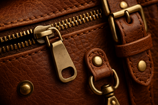 Close-up of brown leather bag showing polished hardware and finished edges
