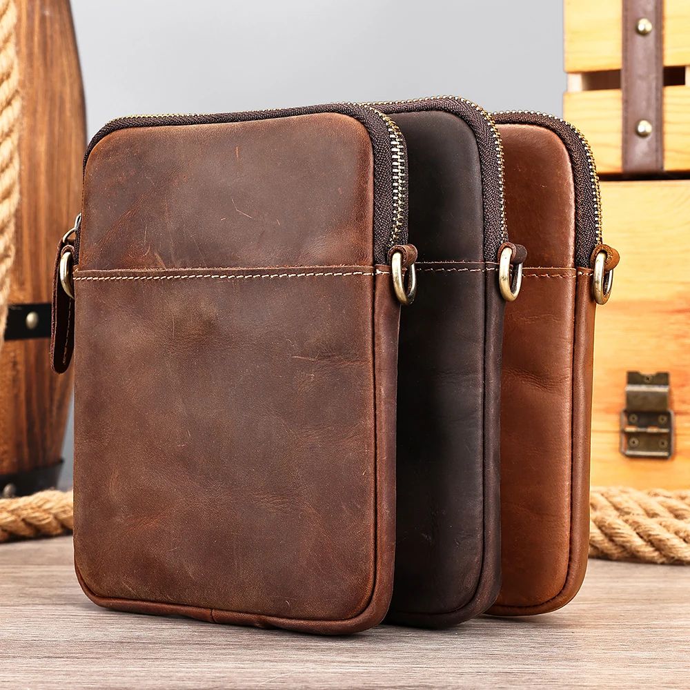 Men’s Crazy Horse Genuine Cow Leather Phone Pouch – Vintage Crossbody Messenger Bag