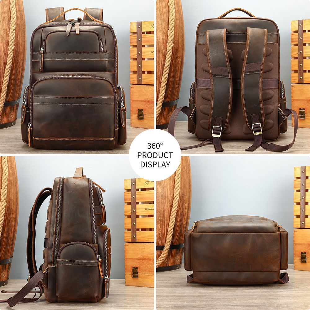 Crazy Horse Genuine Leather 16″ Laptop Backpack – Large Capacity Waterproof Travel & Hiking Bag for Men