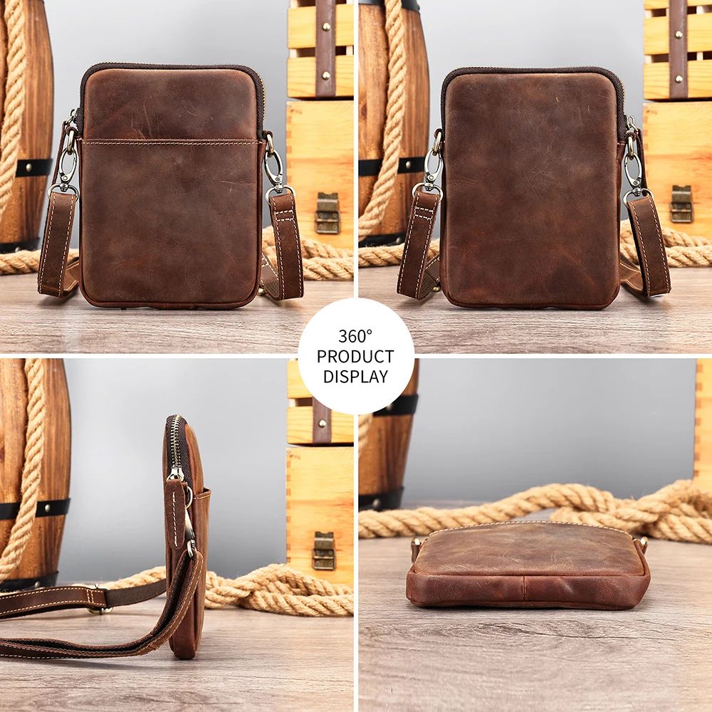 Men’s Crazy Horse Genuine Cow Leather Phone Pouch – Vintage Crossbody Messenger Bag