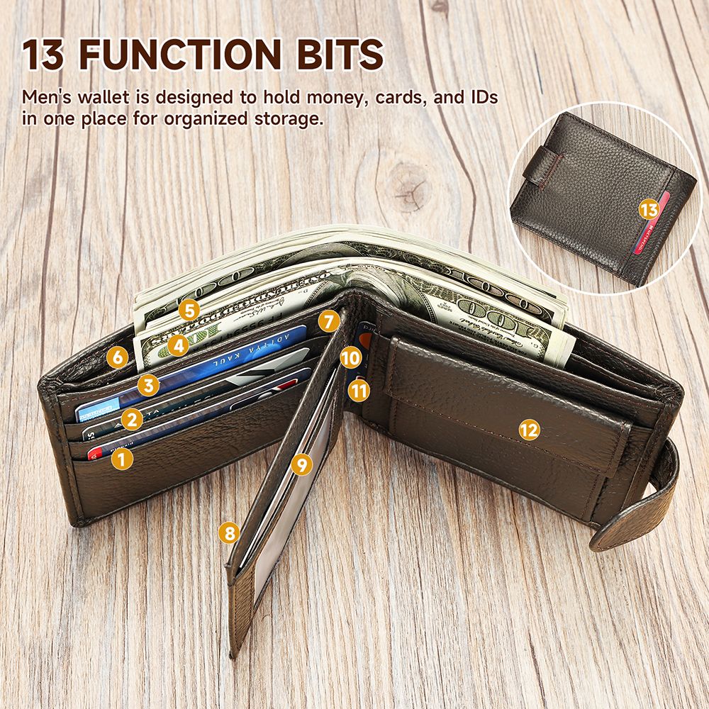 Genuine Cow Leather Short Bifold Wallet with Coin Pocket – Slim & Waterproof