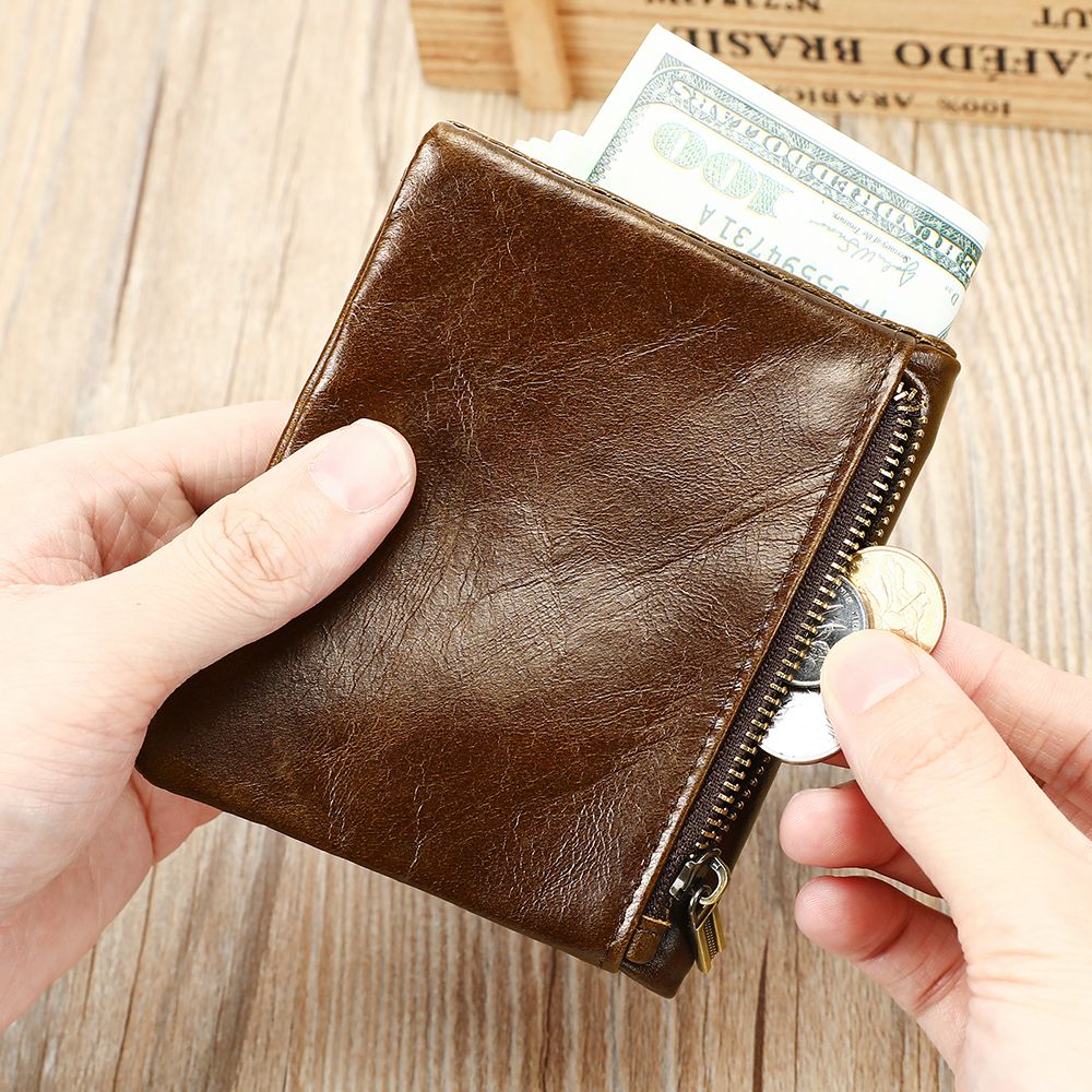 Genuine Leather Card Holder Wallet – RFID-Safe with Zipper Coin Pocket