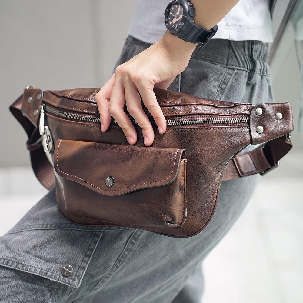 Unisex Genuine Leather Vintage Sports Fanny Pack Chest & Waist Sling Bag