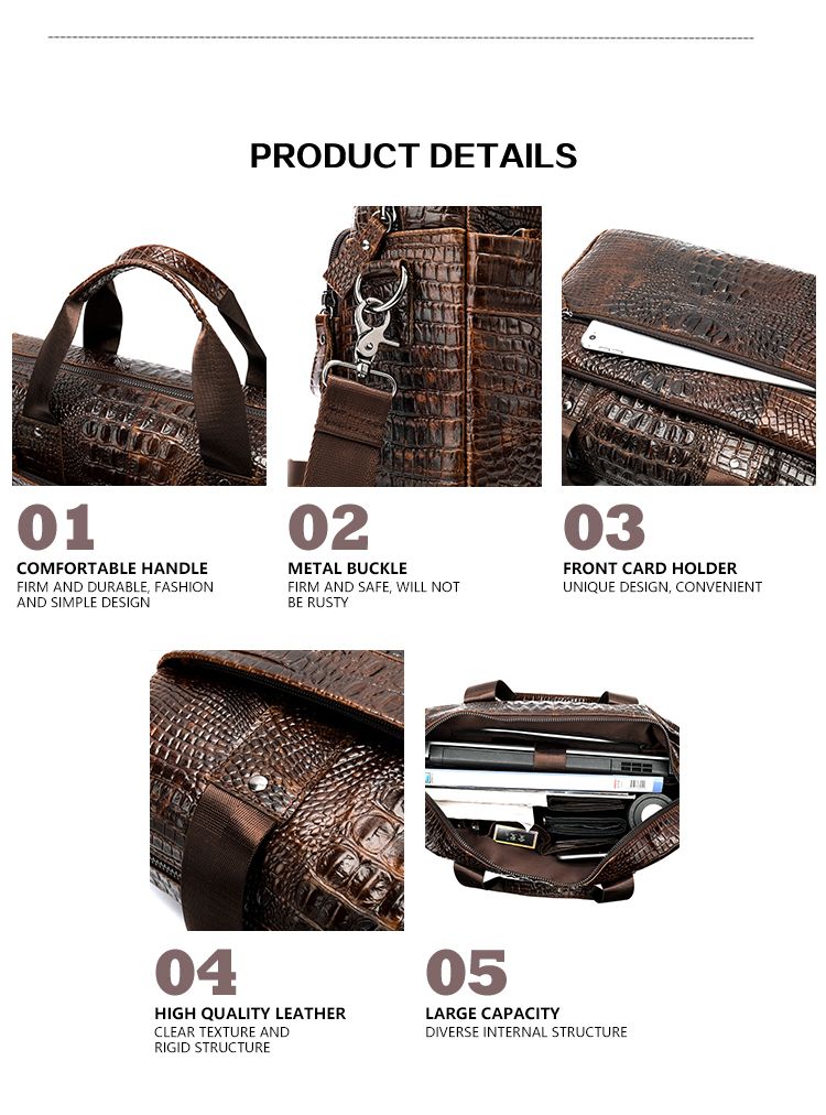 Crocodile-Texture Leather Briefcase – Waterproof Laptop Bag for Men