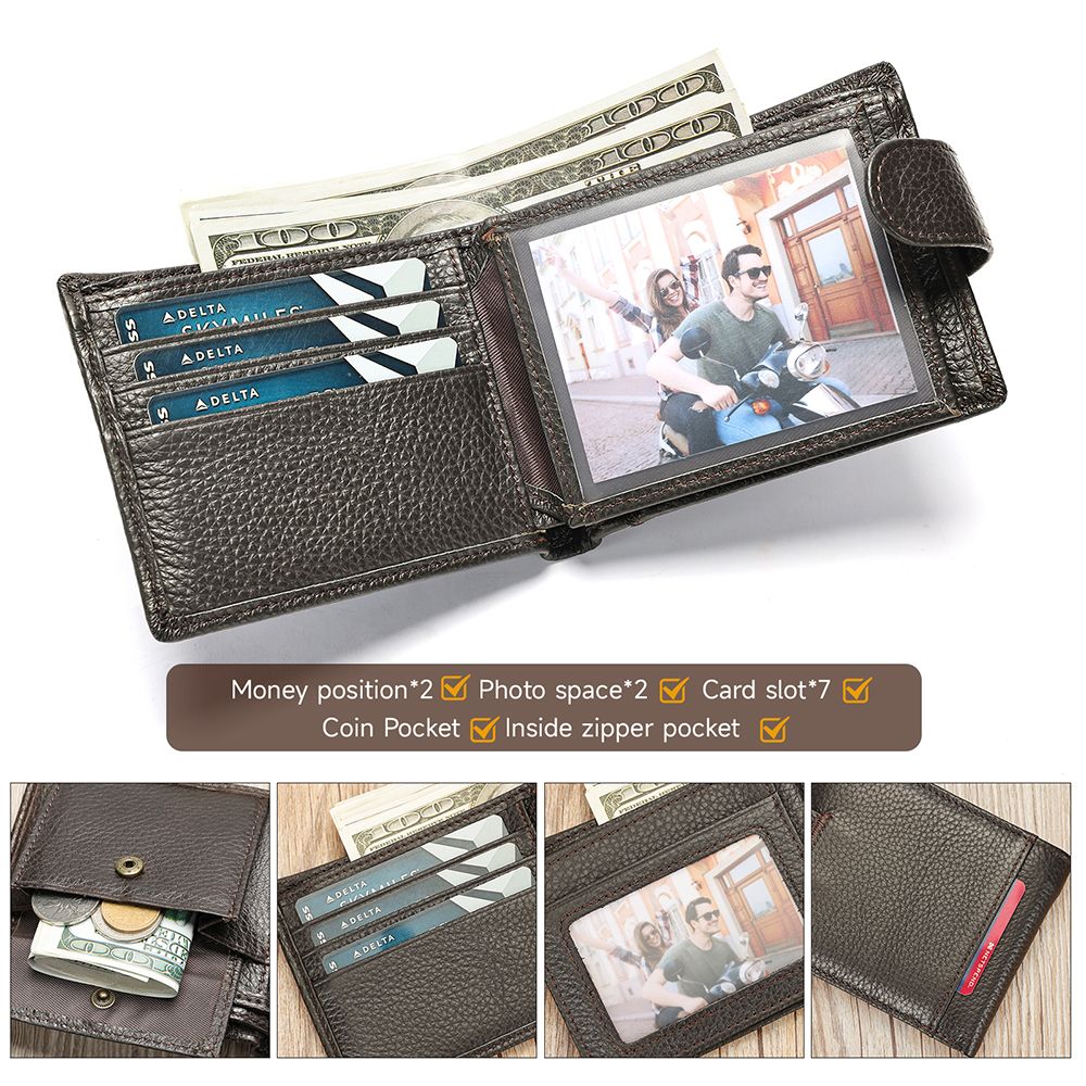 Genuine Cow Leather Short Bifold Wallet with Coin Pocket – Slim & Waterproof