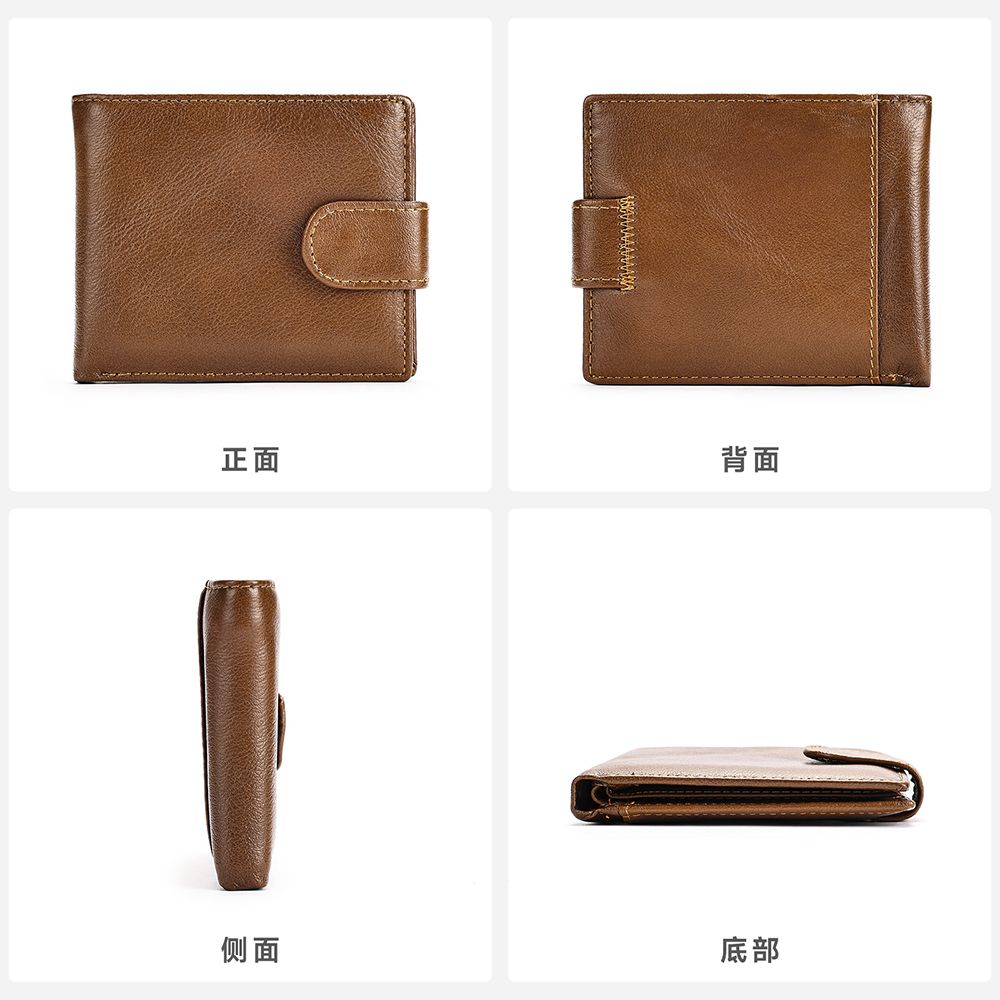 Men’s Leather Short Bifold Wallet with Coin Pocket – Genuine Cowhide Slim Purse