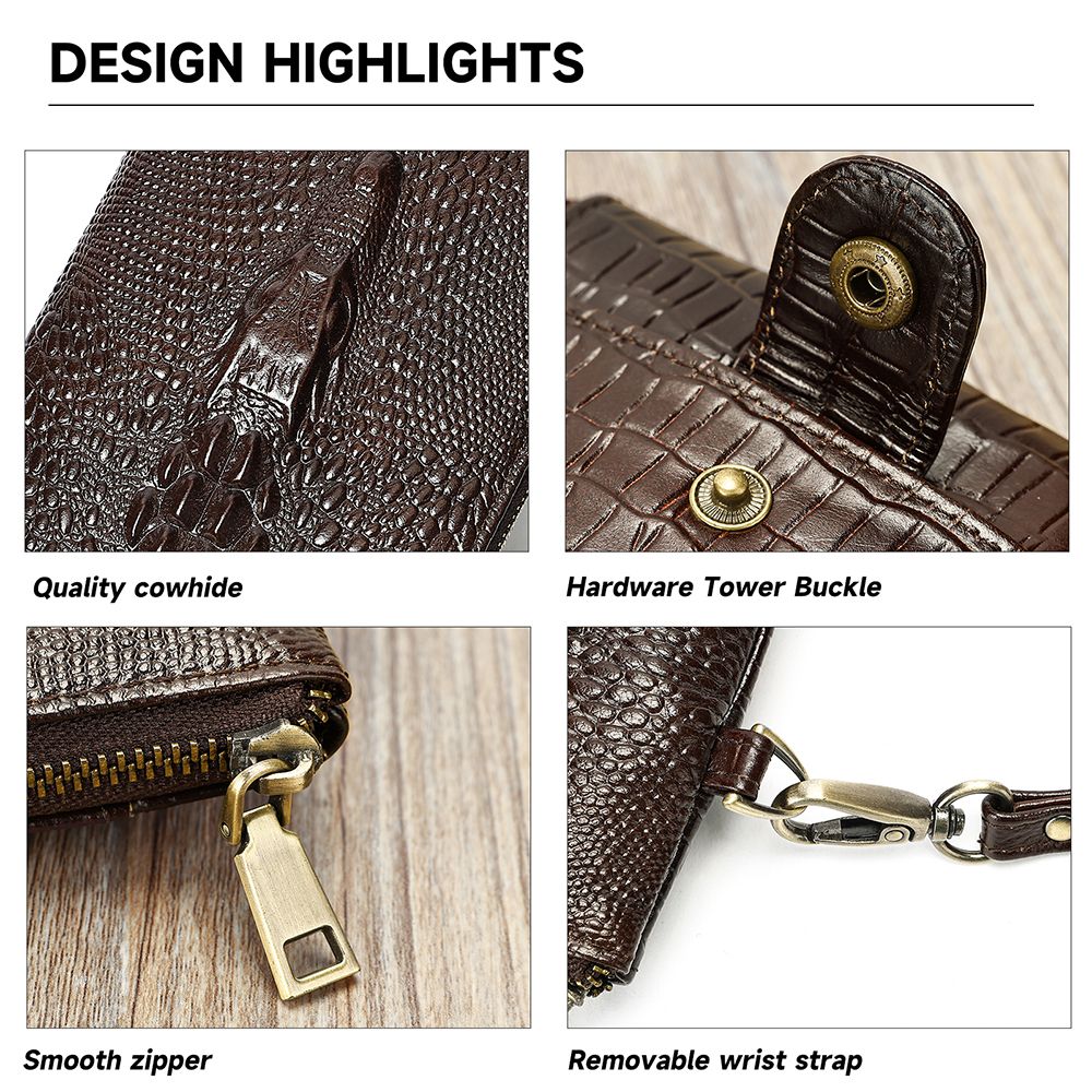 Crocodile Texture Genuine Leather Long Clutch Wallet with Wristlet – Checkbook & Cash Organiser