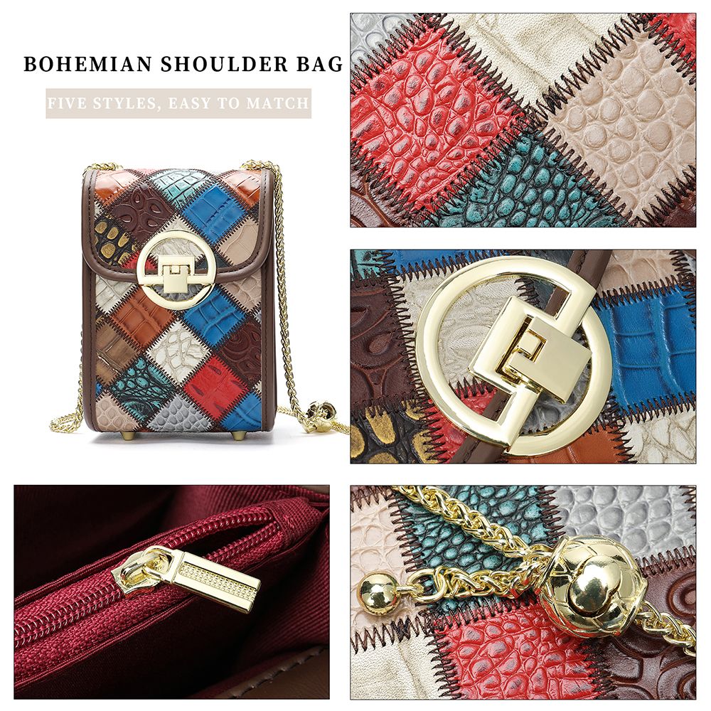 Women’s Genuine Leather Bohemia Patchwork Chain Shoulder Bag