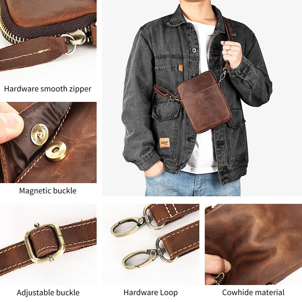 Men’s Crazy Horse Genuine Cow Leather Phone Pouch – Vintage Crossbody Messenger Bag