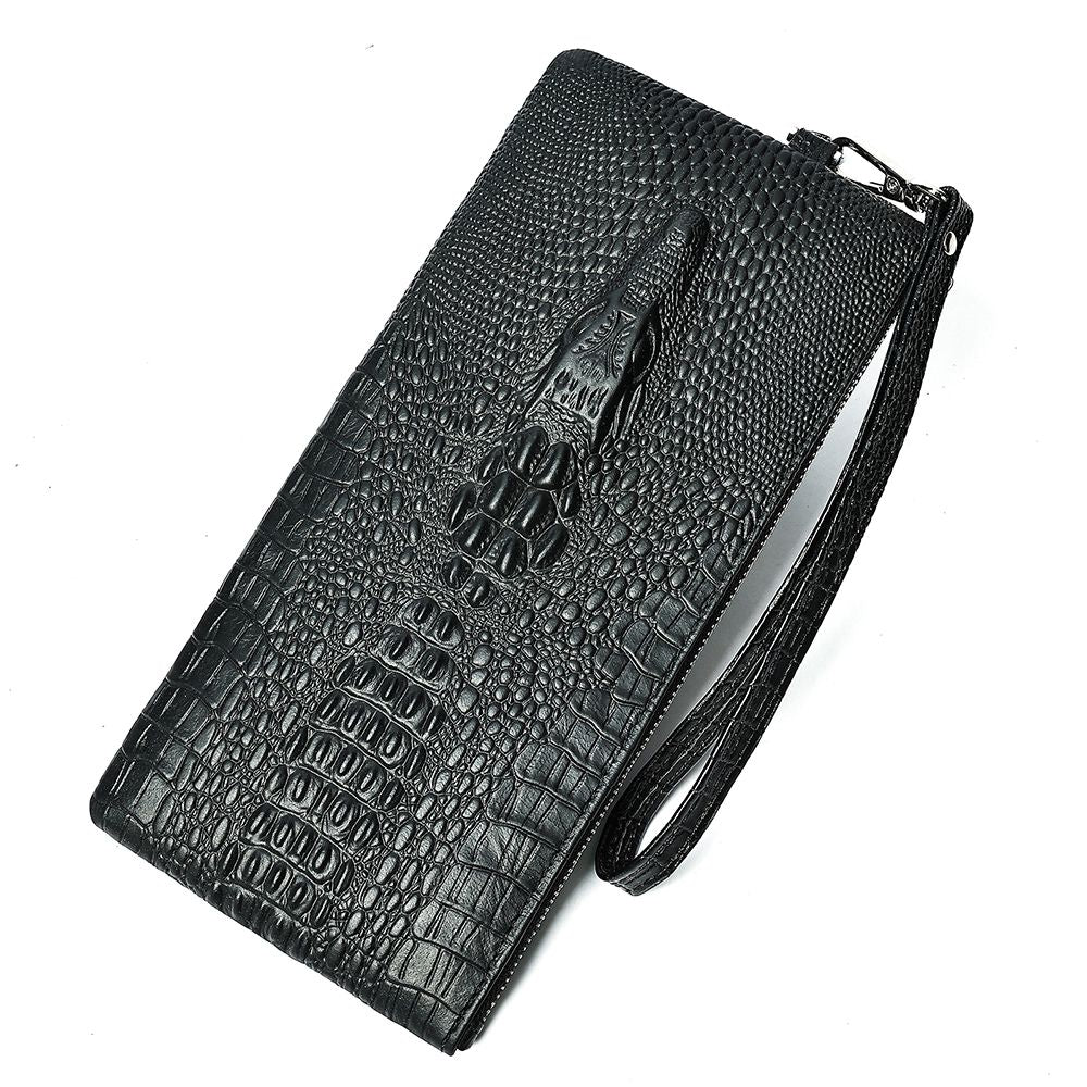 Crocodile Texture Genuine Leather Long Clutch Wallet with Wristlet – Checkbook & Cash Organiser
