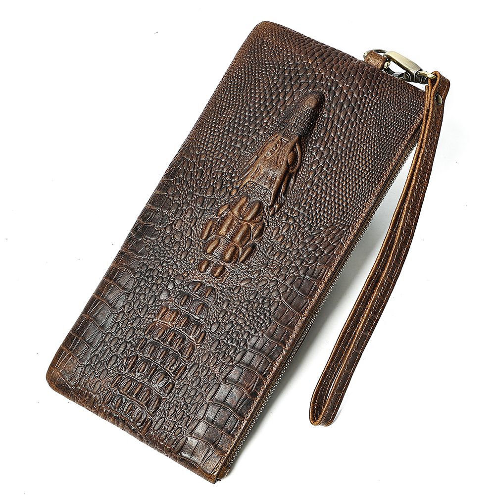 Crocodile Texture Genuine Leather Long Clutch Wallet with Wristlet – Checkbook & Cash Organiser