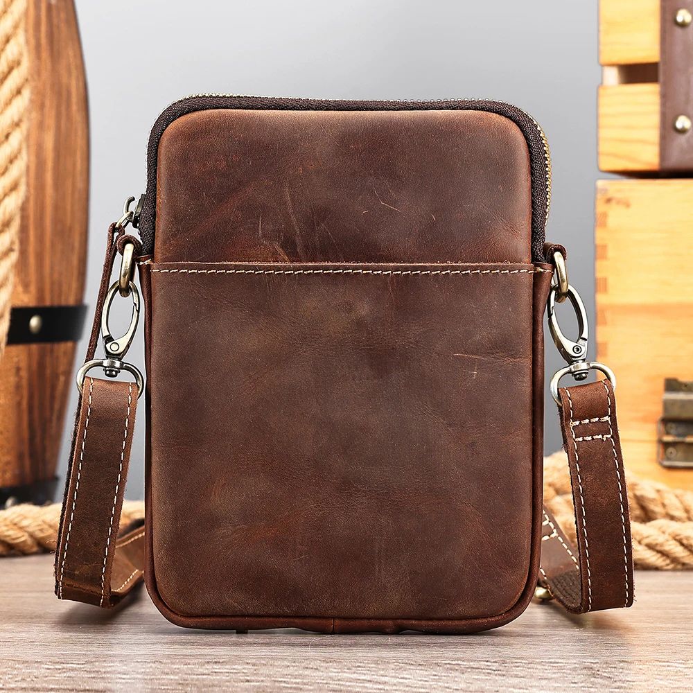 Men’s Crazy Horse Genuine Cow Leather Phone Pouch – Vintage Crossbody Messenger Bag