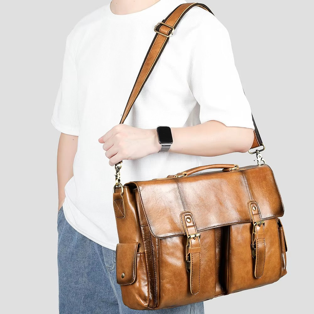Vintage Leather Briefcase & Messenger Laptop Bag for Men