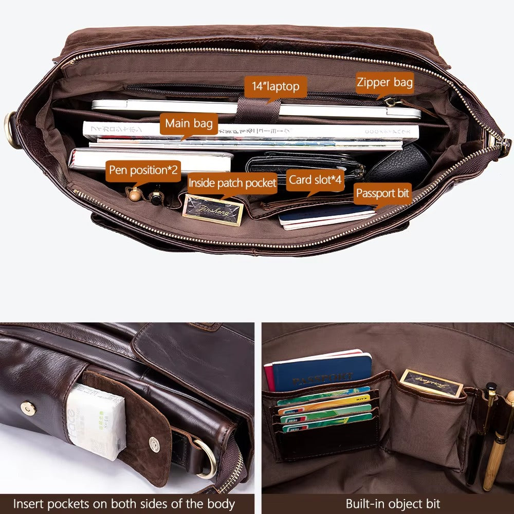 Vintage Leather Briefcase & Messenger Laptop Bag for Men