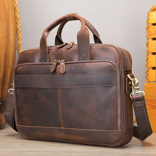 Men’s Genuine Crazy Horse Leather Vintage Laptop Briefcase - The Urbanex