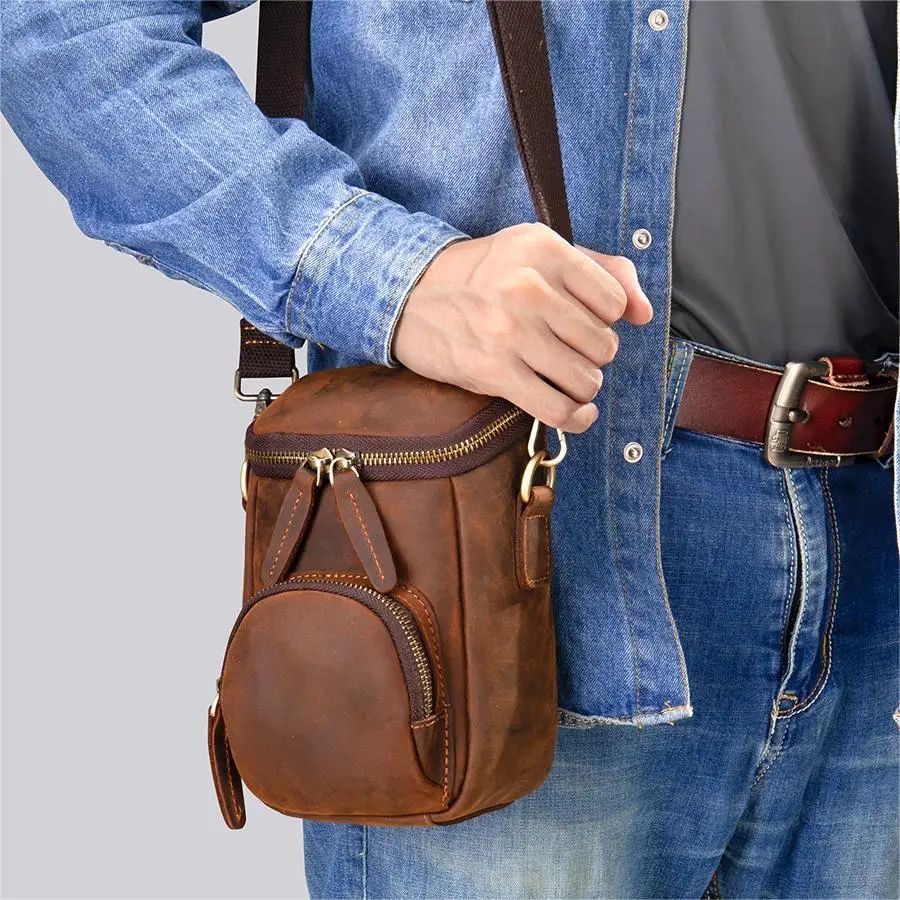 Compact Vintage Crazy Horse Cow Leather Satchel – Men’s Crossbody Messenger