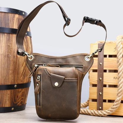Crazy Horse Cow Leather Belt Bag – Men’s Waist, Crossbody & Motorcycle Riding Pouch