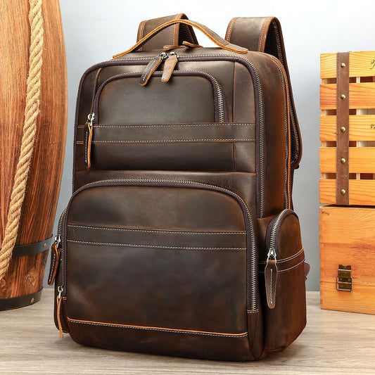 Crazy Horse Genuine Leather 16″ Laptop Backpack – Large Capacity Waterproof Travel & Hiking Bag for Men