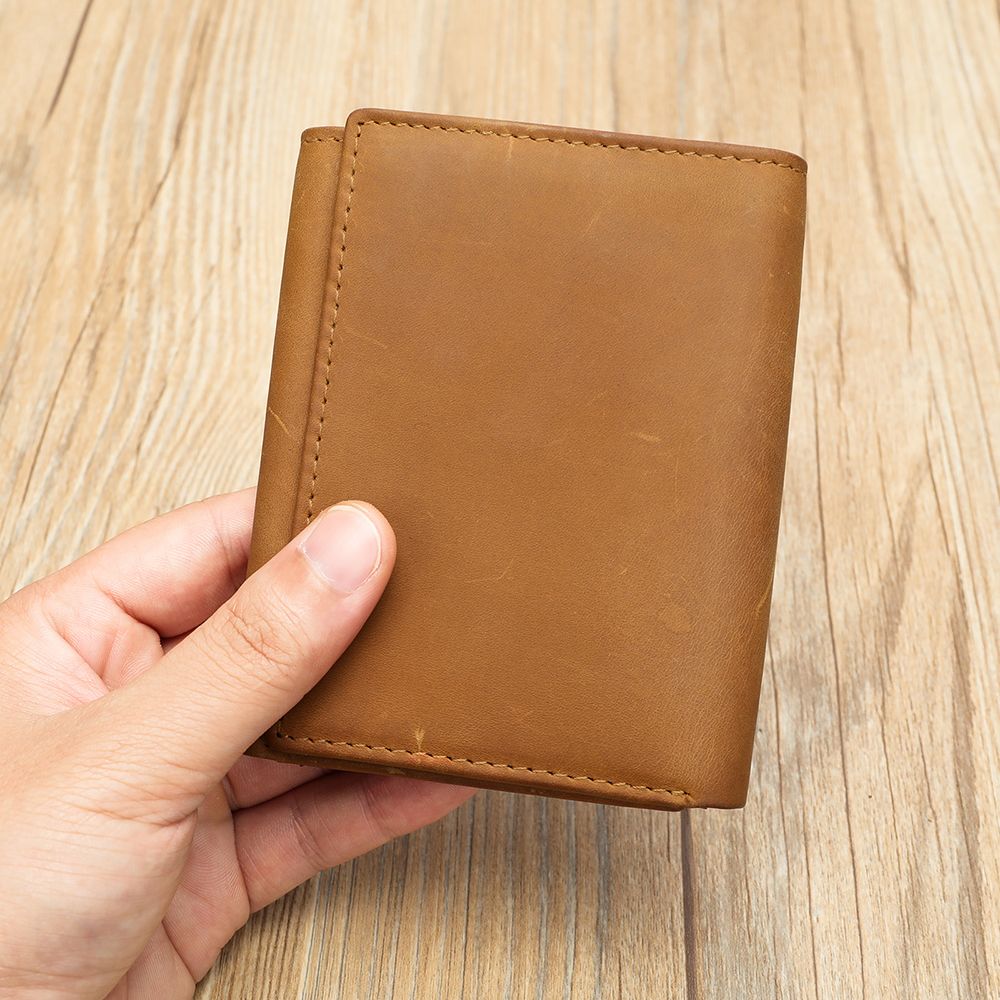 Crazy Horse Genuine Leather Men’s Trifold Wallet – Vintage Slim Design with Button Strap