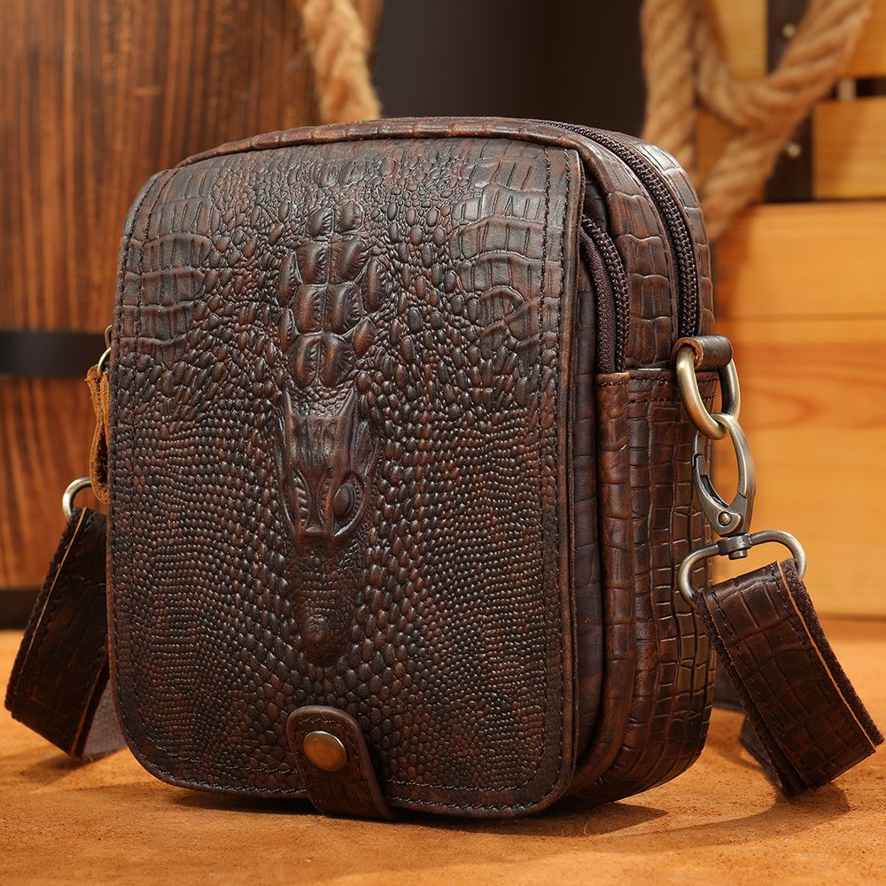 Crocodile-Print Leather Small Crossbody Sling Bag – Waterproof Messenger for Daily Work