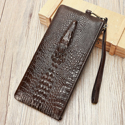 Crocodile Texture Genuine Leather Long Clutch Wallet with Wristlet – Checkbook & Cash Organiser