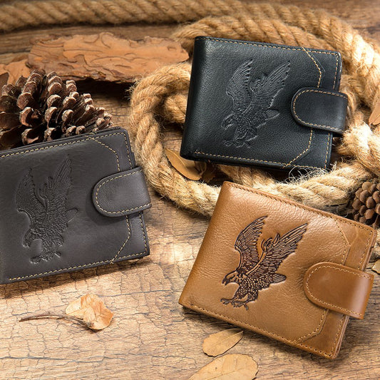 Eagle Embossed Cow Leather Bifold Wallet – Compact Short Wallet