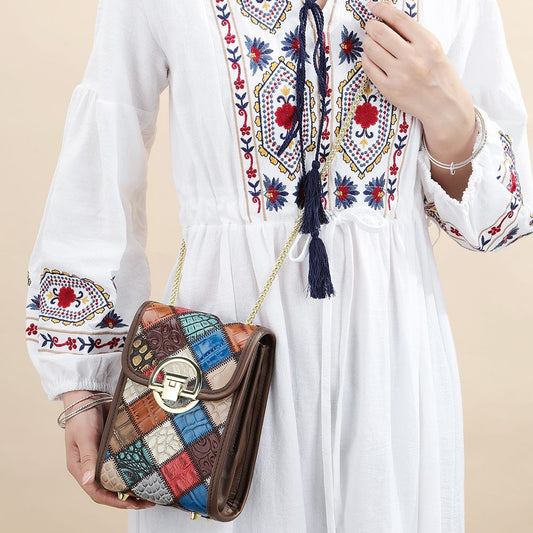 Women’s Genuine Leather Bohemia Patchwork Chain Shoulder Bag