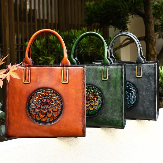 Women’s Genuine Leather Floral Embossed Vintage Tote Handbag