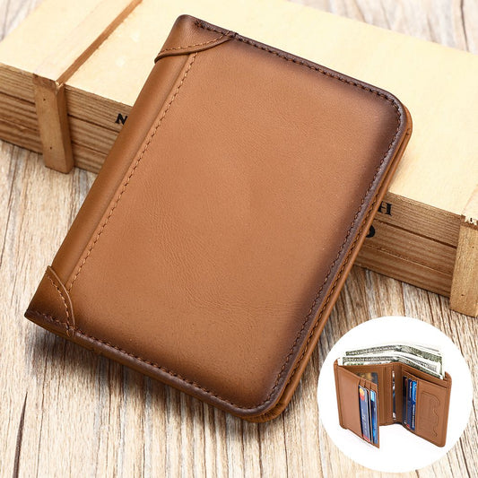 Genuine Leather RFID-Blocking Bifold Wallet for Men – Vintage Waterproof Design