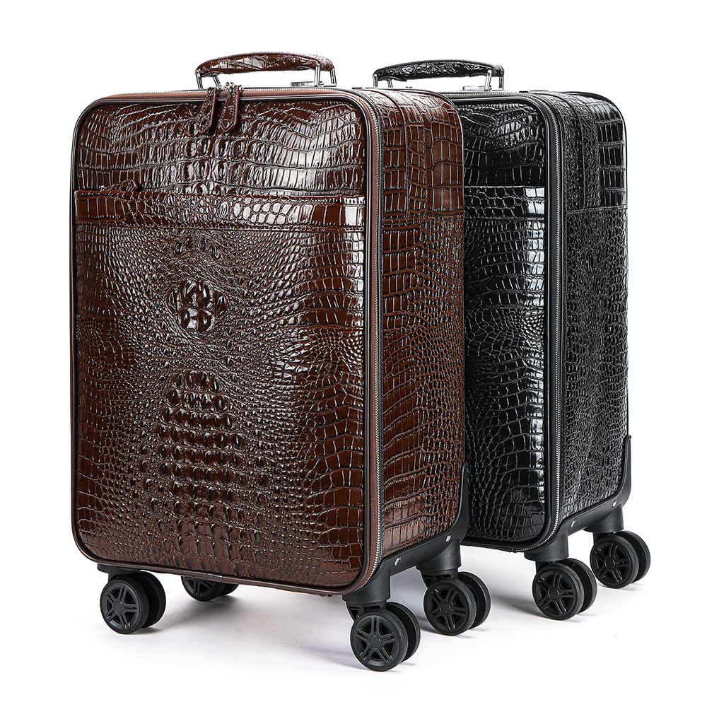 Men’s Genuine Leather Crocodile-Pattern 20″ Carry-On Trolley Suitcase