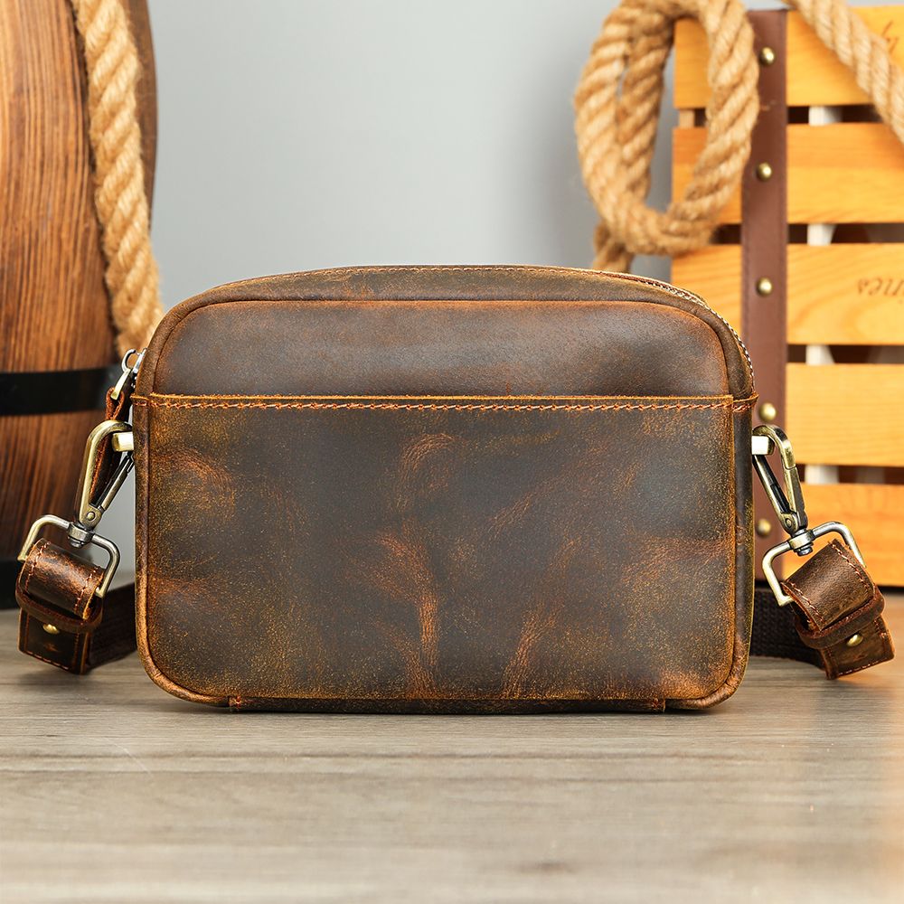 Men’s Crazy Horse Genuine Cow Leather Small Shoulder Bag – Vintage Crossbody Messenger