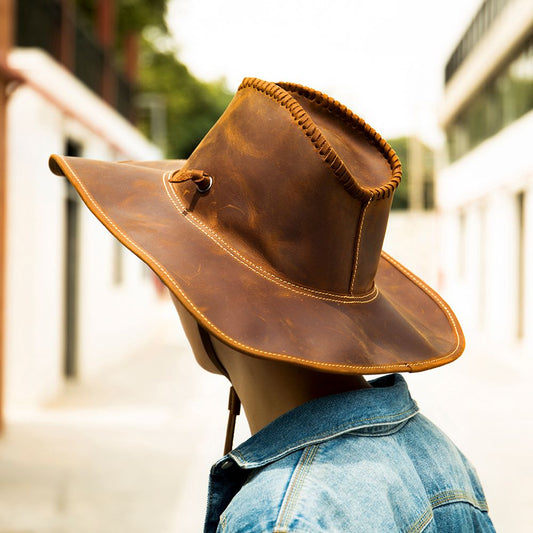 Men’s Vintage Crazy Horse Genuine Leather Western Trucker Sun Hat