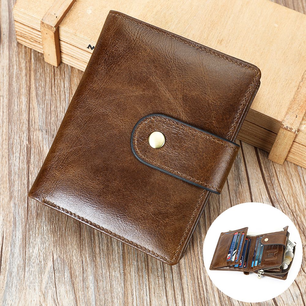 Brown leather wallet on a wooden surface with an inset showing its interior.