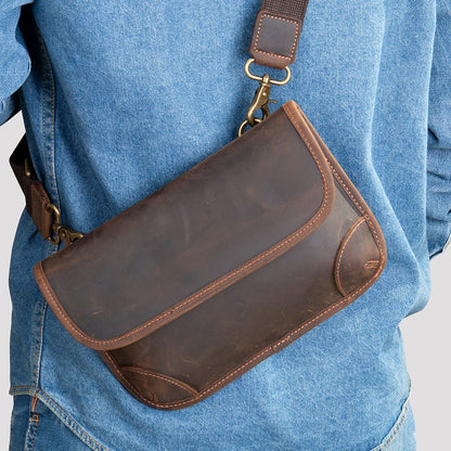 Retro Crazy Horse Cow Leather Square Bag – Men’s Vintage Crossbody Pouch