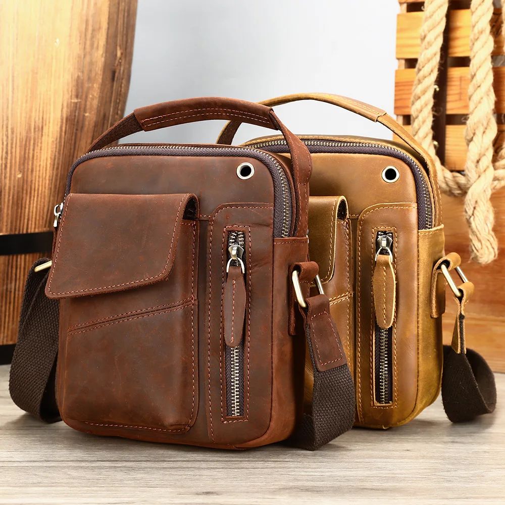 Vintage Crazy Horse Cow Leather Mini Satchel – Men’s Top-Handle & Crossbody Bag