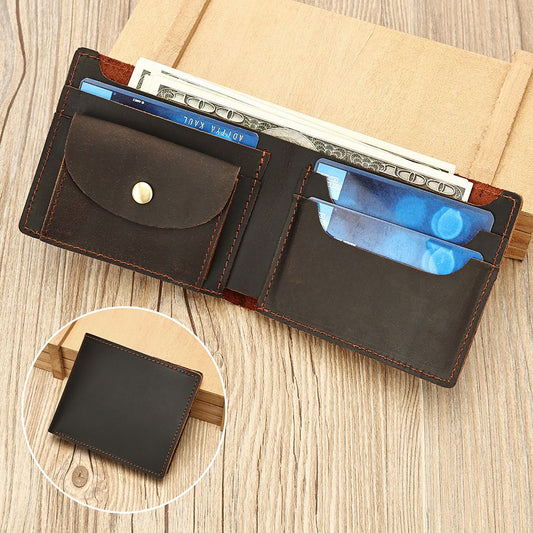 Vintage Genuine Leather Short Bifold Wallet with Coin Pocket – Waterproof Design