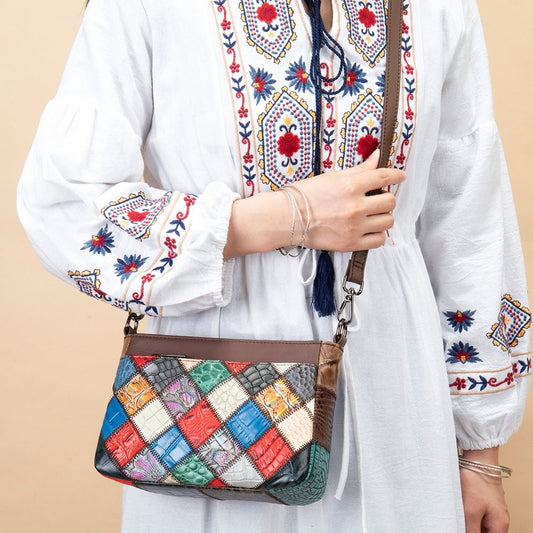 Women’s Genuine Cowhide Leather Vintage Patchwork Shoulder Bag