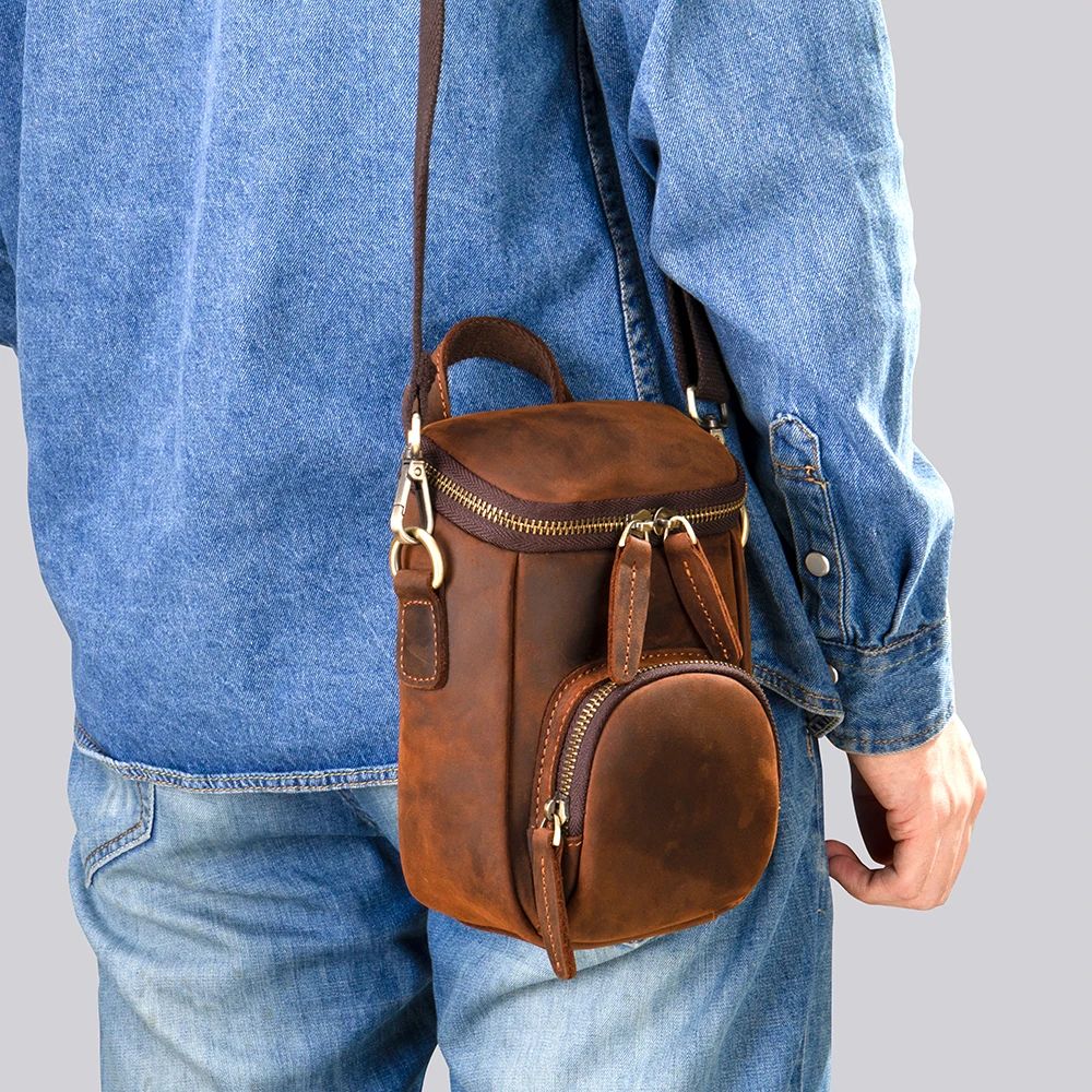 Compact Vintage Crazy Horse Cow Leather Satchel – Men’s Crossbody Messenger