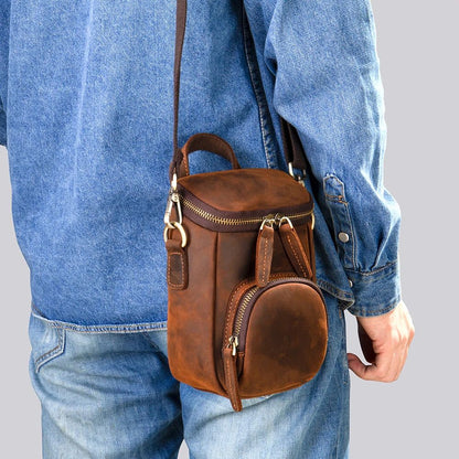 Compact Vintage Crazy Horse Cow Leather Satchel – Men’s Crossbody Messenger