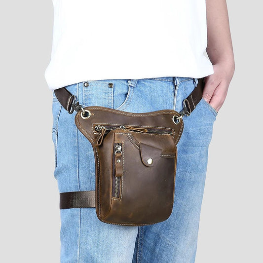 Crazy Horse Cow Leather Belt Bag – Men’s Waist, Crossbody & Motorcycle Riding Pouch