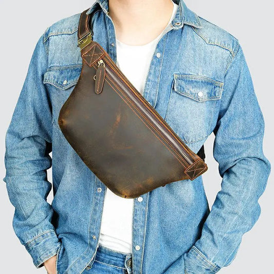 Crazy Horse Cowhide Leather Waist & Crossbody Bag – Men’s Vintage Chest Pouch