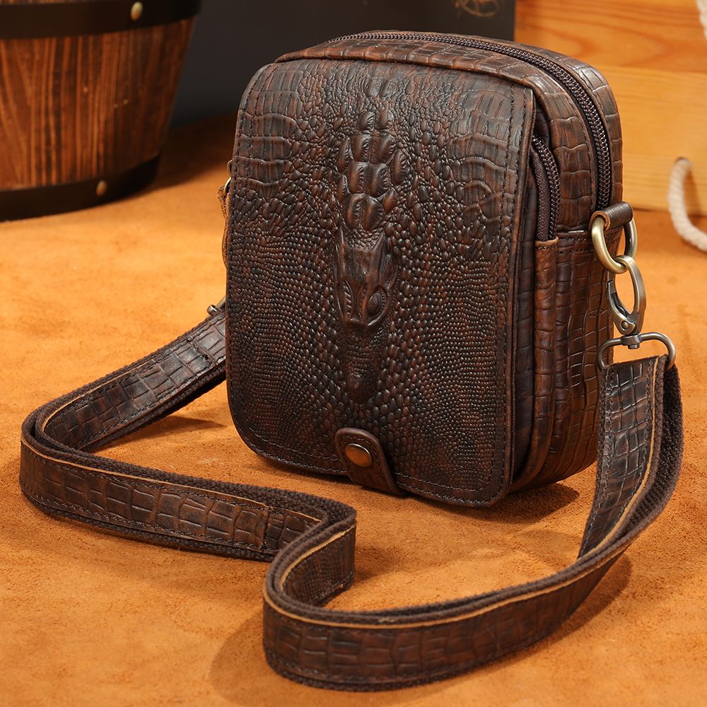 Crocodile-Print Leather Small Crossbody Sling Bag – Waterproof Messenger for Daily Work