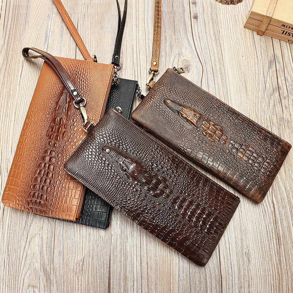 Crocodile Texture Genuine Leather Long Clutch Wallet with Wristlet – Checkbook & Cash Organiser