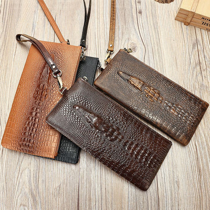Crocodile Texture Genuine Leather Long Clutch Wallet with Wristlet – Checkbook & Cash Organiser