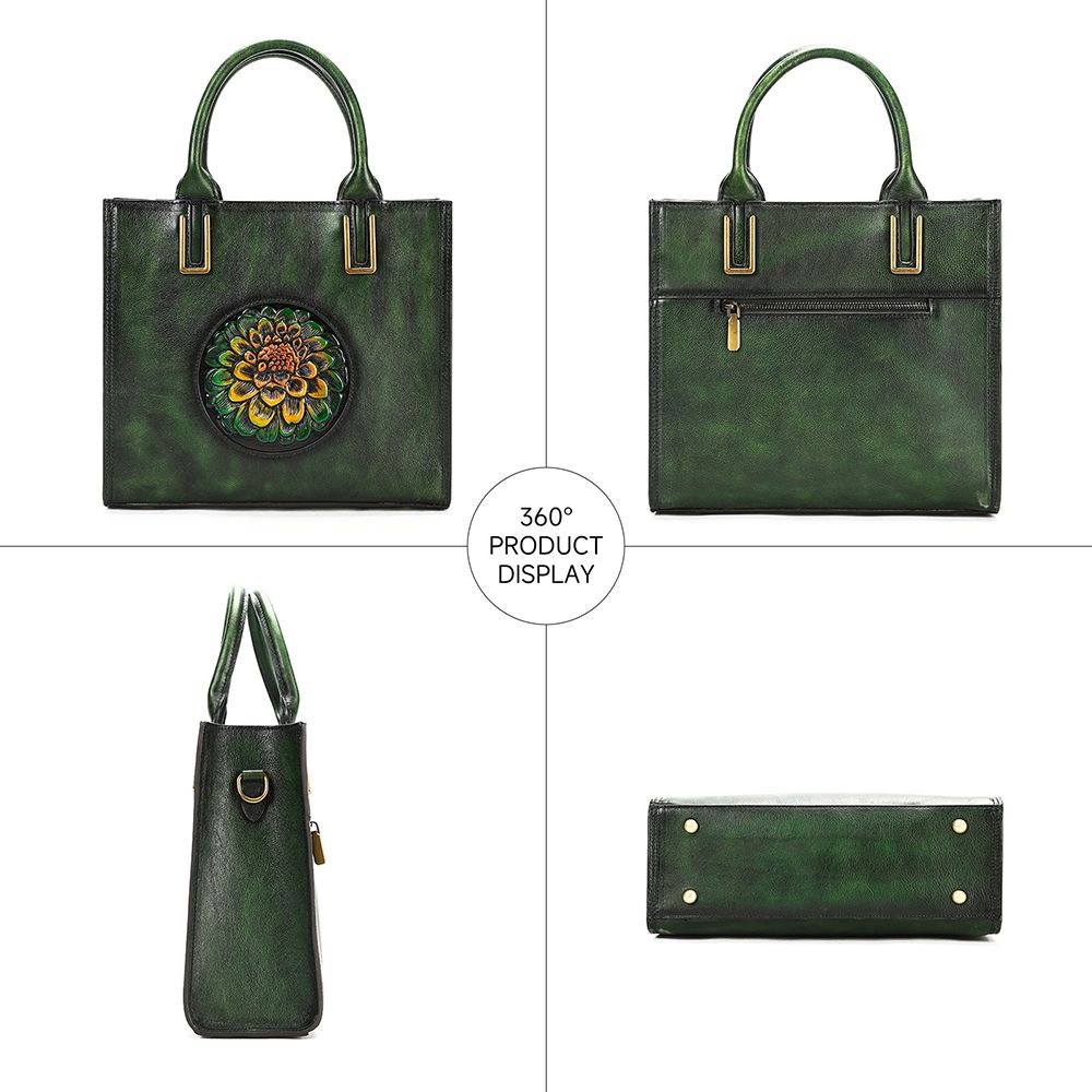 Women’s Genuine Leather Floral Embossed Vintage Tote Handbag
