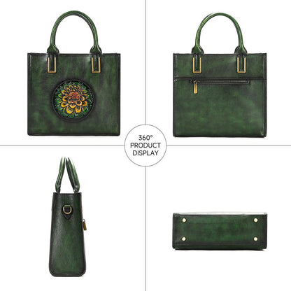 Women’s Genuine Leather Floral Embossed Vintage Tote Handbag
