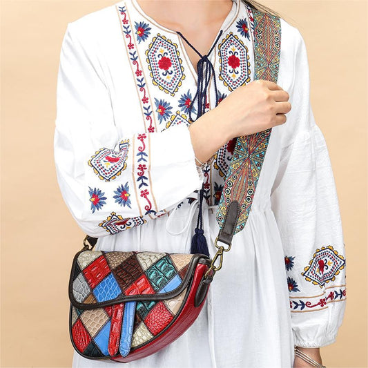 Women’s Genuine Leather Retro Patchwork Adjustable Crossbody Bag