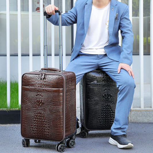 Men’s Genuine Leather Crocodile-Pattern 20″ Carry-On Trolley Suitcase