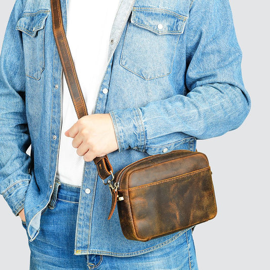 Men’s Crazy Horse Genuine Cow Leather Small Shoulder Bag – Vintage Crossbody Messenger