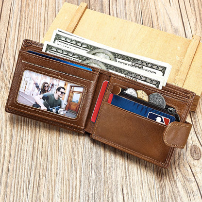 Men’s Leather Short Bifold Wallet with Coin Pocket – Genuine Cowhide Slim Purse